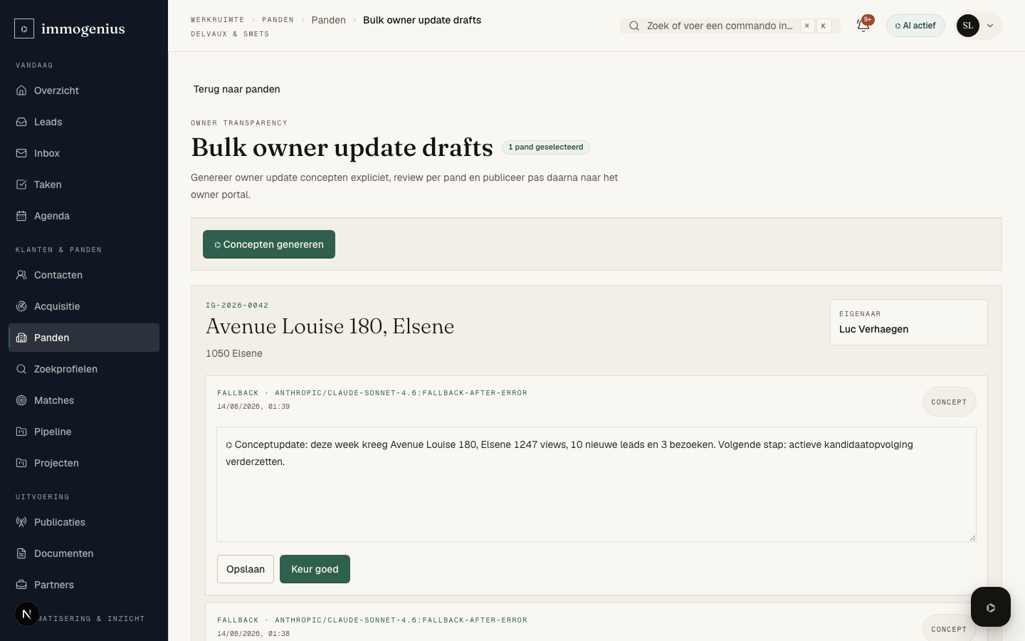 Owner update workspace in ImmoGenius